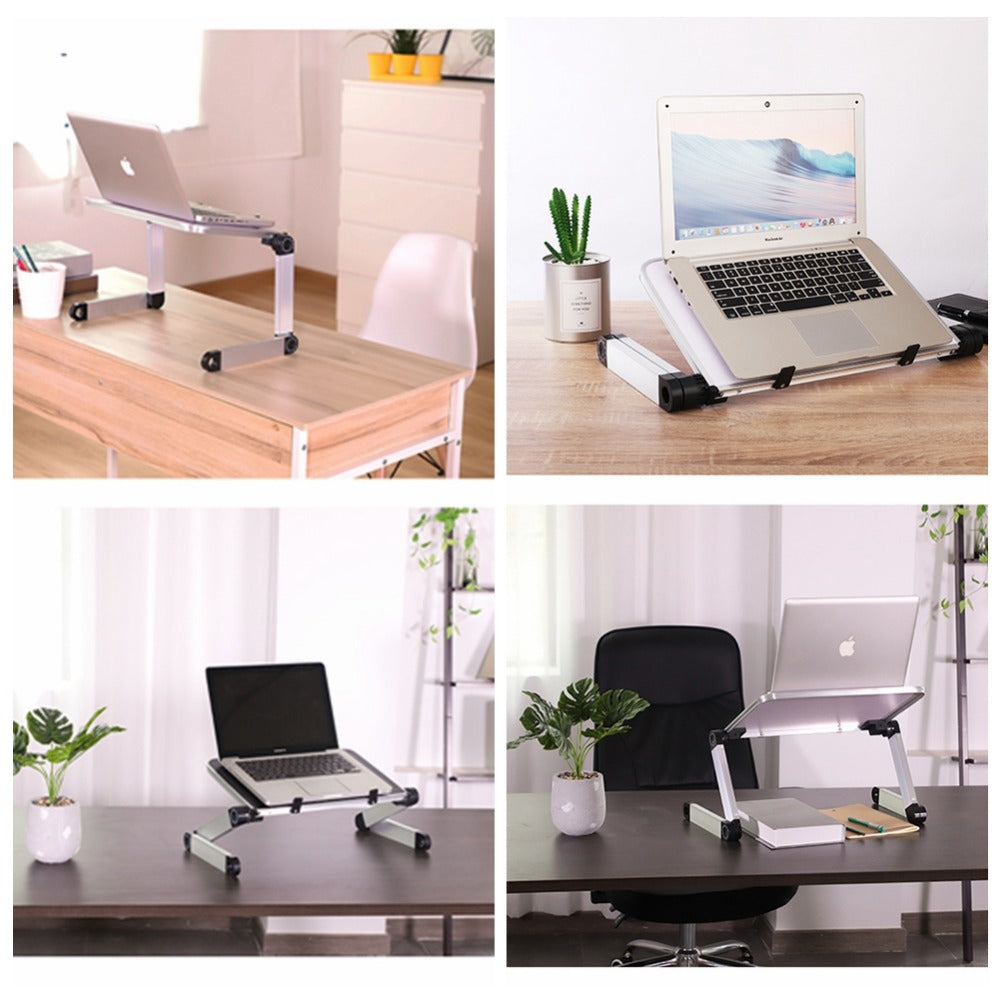 Foldable laptop stand showing adjustable viewing angle