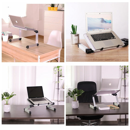 Foldable laptop stand showing adjustable viewing angle